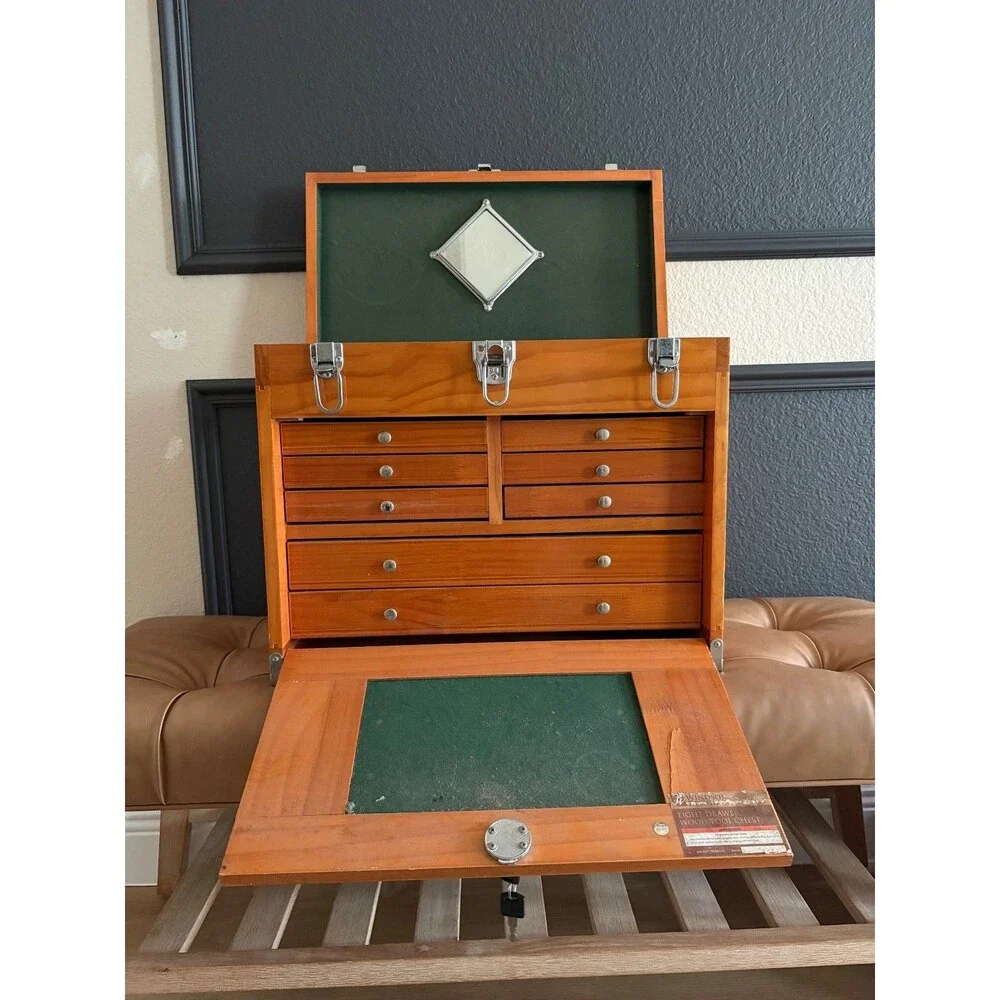 Windsor Design 8 Drawer Wood Tool Chest Machinist Box Felt Lined w/ Keys & Mirro